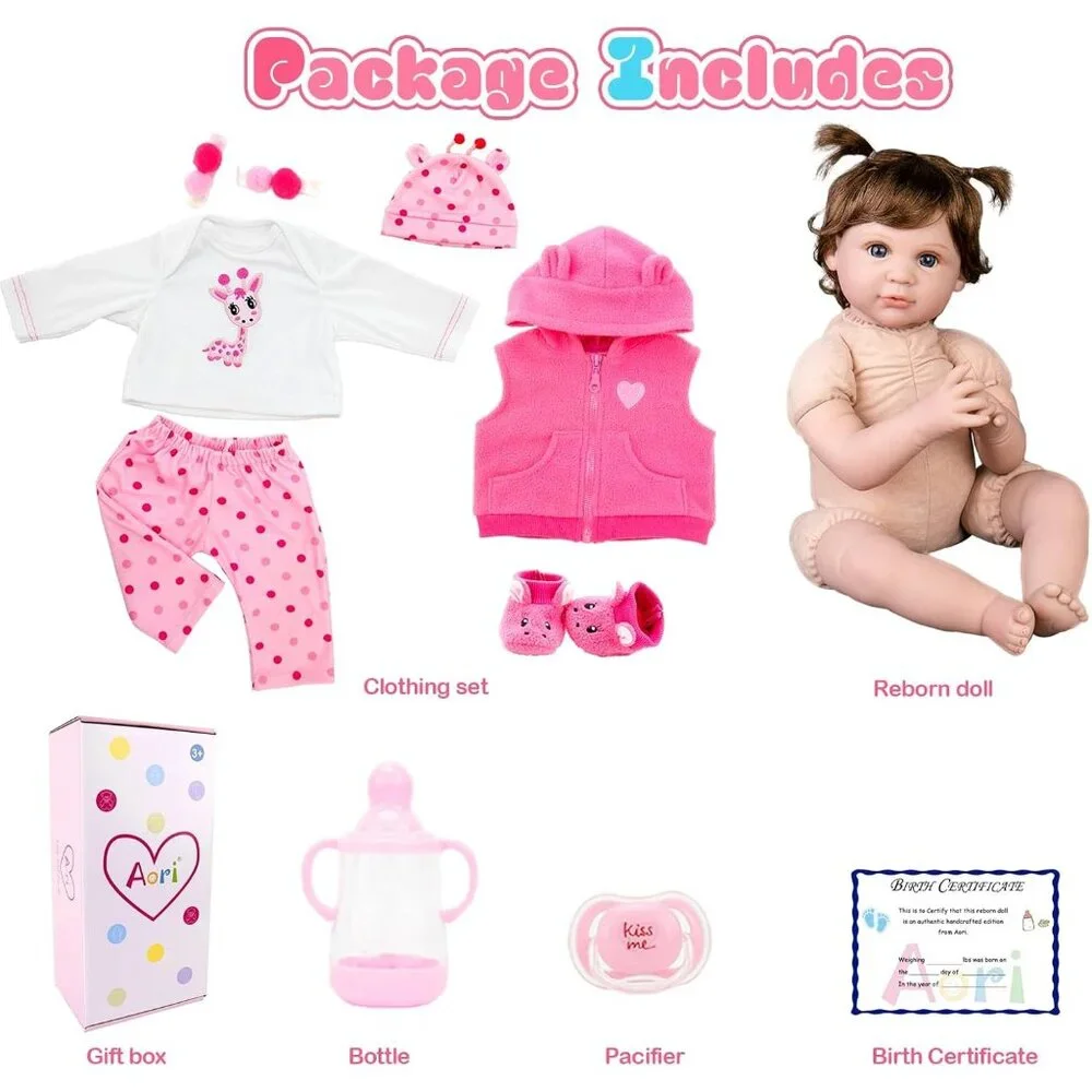 💫 Reborn Baby Dolls Pink Realistic  22 inch Wig Hair Accessories Gift Set Toy